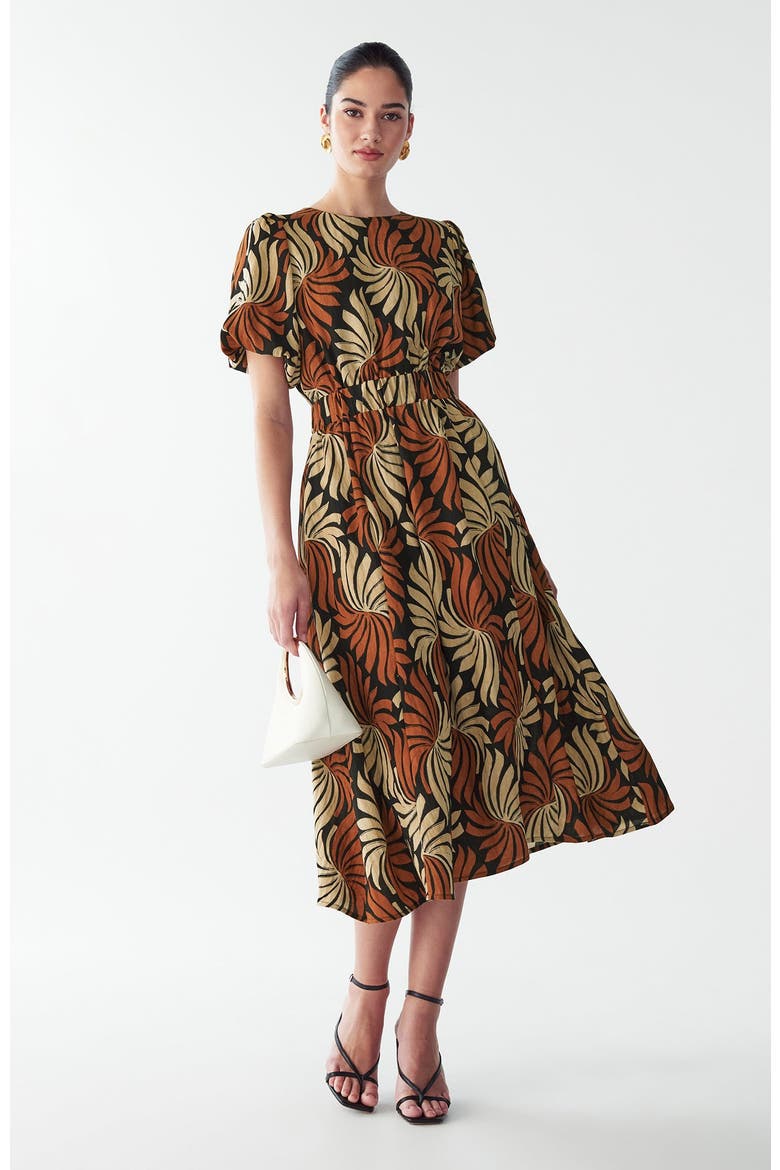 Pen Midi Dress, Alternate, color, Golden Leaf