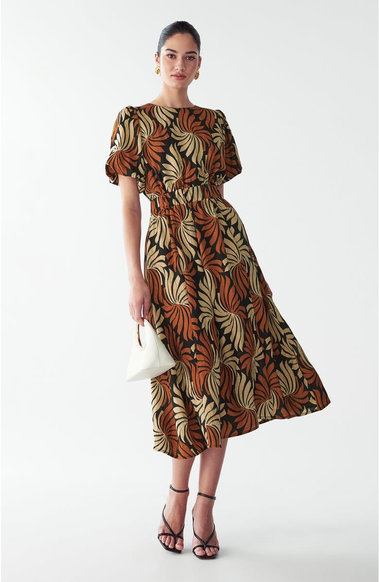 WILLA Pen Midi Dress, Alternate, color, Golden Leaf