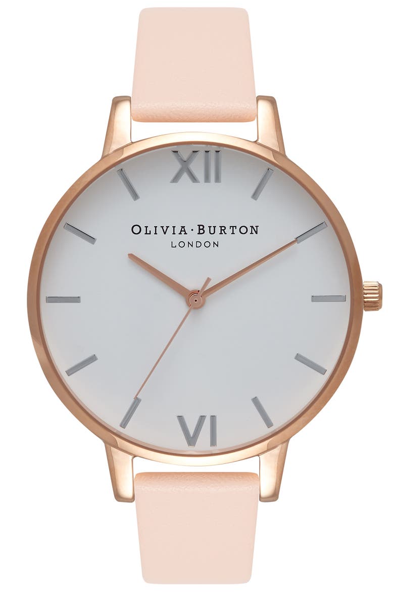 Big Dial Leather Strap Watch, 38mm, Main, color, PEACH/ WHITE/ ROSE/ SILVER