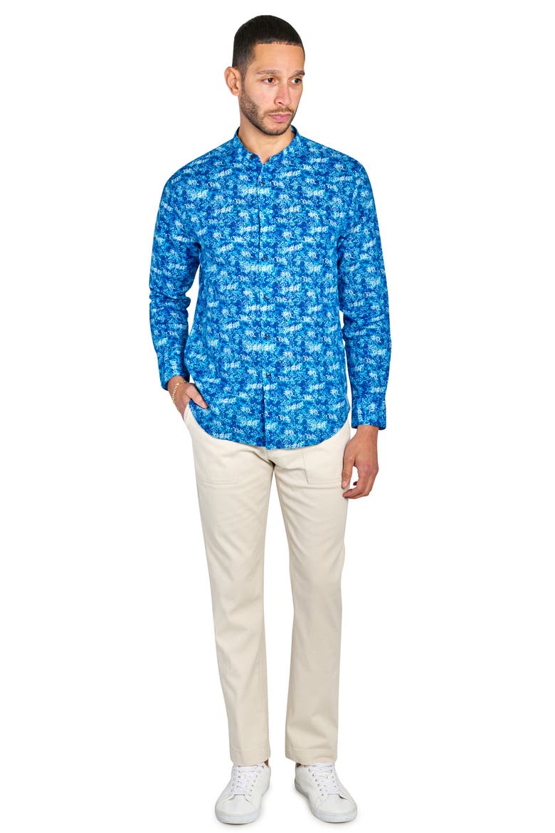 Abstract Leaf Print Mandarin Collar Shirt, Alternate, color, LIGHT BLUE/ NAVY