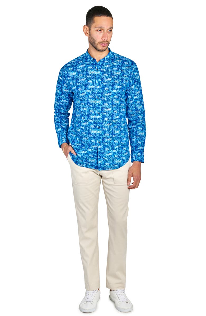 Brooklyn Brigade Abstract Leaf Print Mandarin Collar Shirt, Alternate, color, Light Blue/ Navy