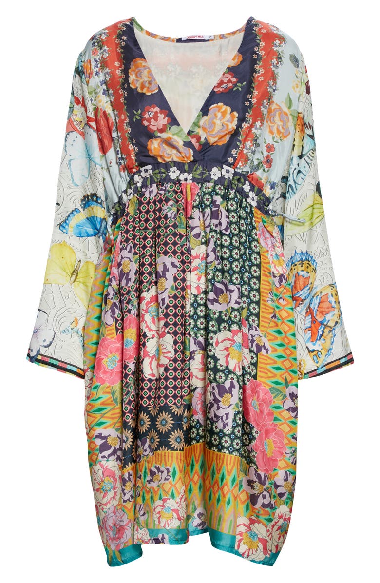 Johnny Was Mixed Print Long Sleeve Silk Babydoll Dress, Alternate, color,