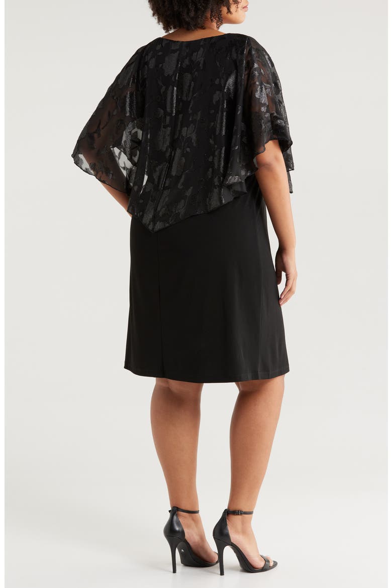 Floral Jacquard Cape Overlay Cocktail Dress, Alternate, color, BLACK