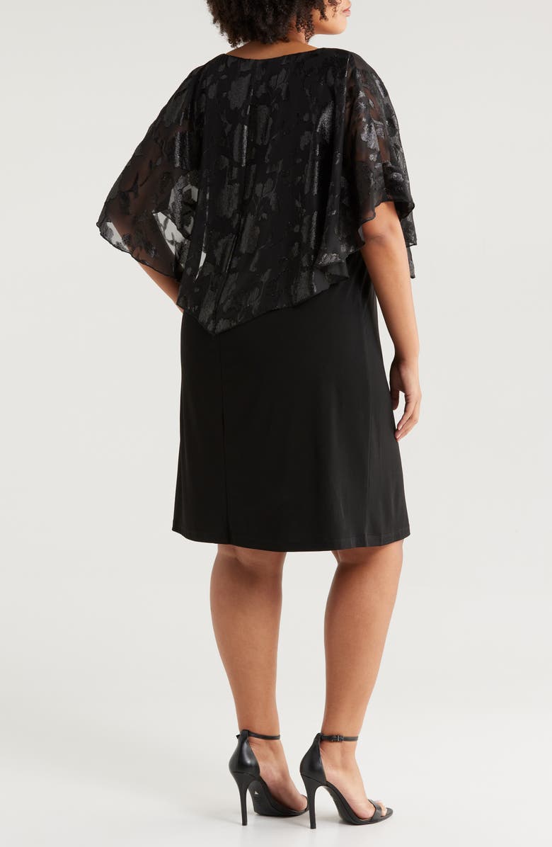 Connected Apparel Floral Jacquard Cape Overlay Cocktail Dress, Alternate, color, Black