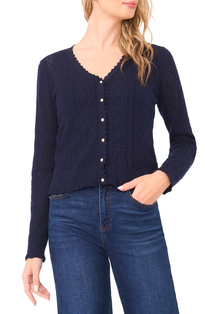 CeCe Pointelle Stitch Bow Cotton Cardigan, Main, color, Classic Navy