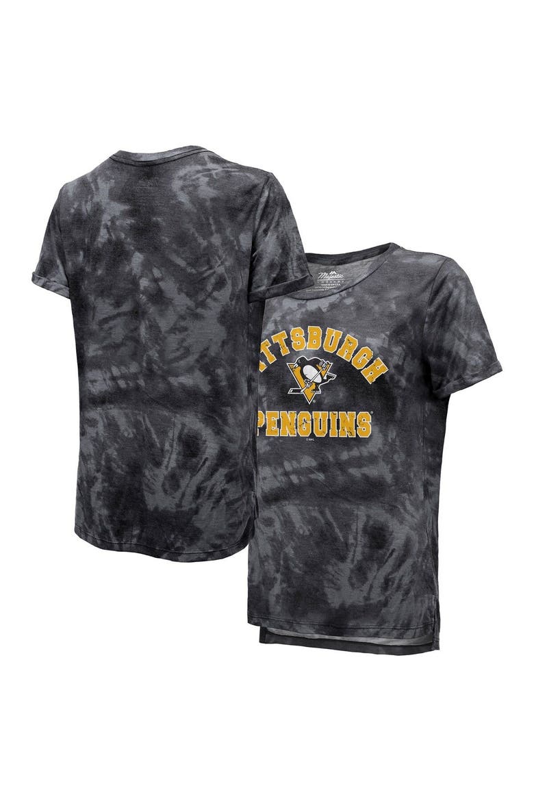 Women's Majestic Threads Black Pittsburgh Penguins Boyfriend Tie-Dye Tri-Blend T-Shirt, Main, color, Black