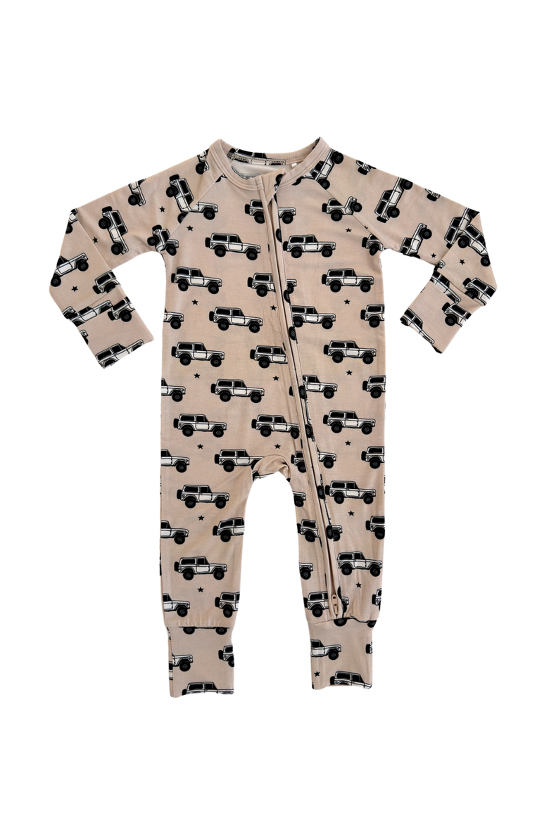 Vintage 4x4 Zipper Romper, Main, color, Beige / Black Cars