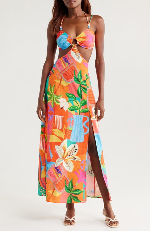 Cutout Printed Cover-Up Maxi Dress