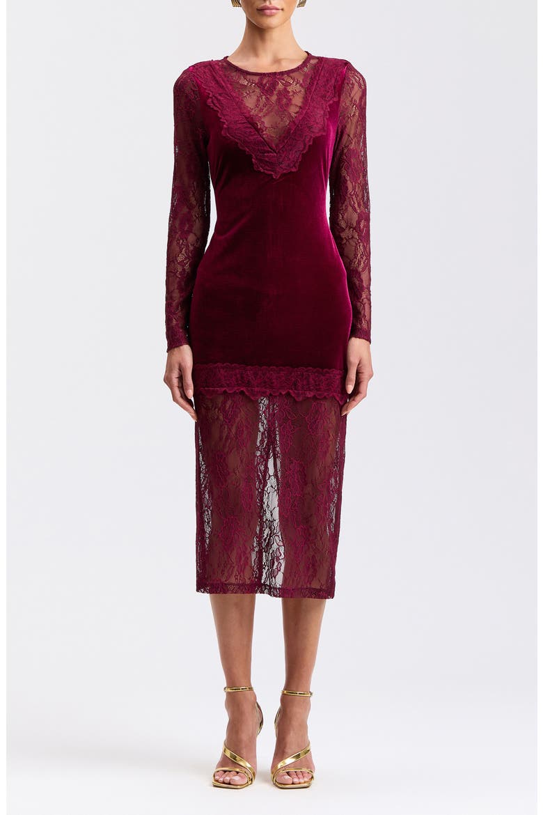 Lace & Velvet Midi Dress, Main, color, BURGUNDY