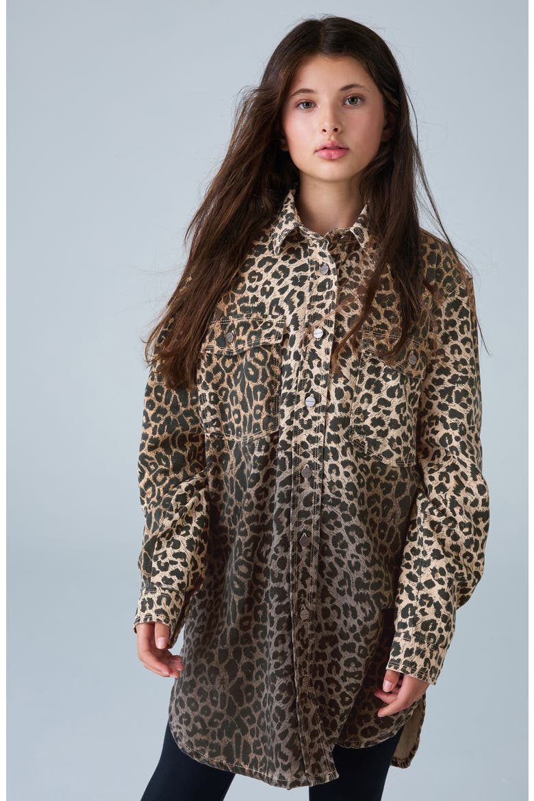 Kids' Leopard Ombré Oversize Denim Shacket, Alternate, color, BROWN