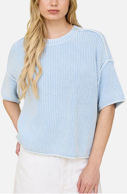 Rib Knit Raw Edge Cotton Blend Sweater
