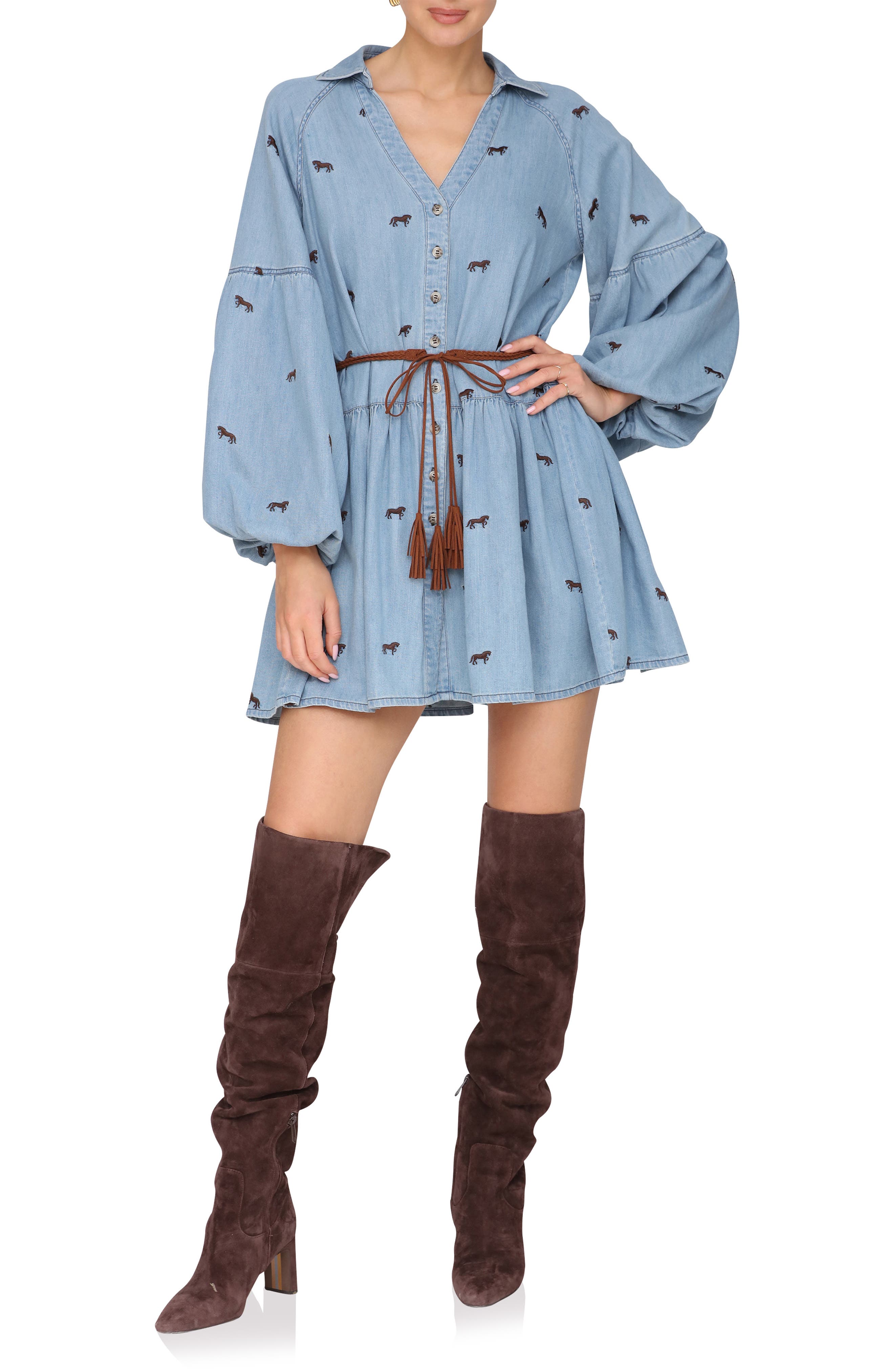 Avec Les Filles Tie Waist Long Sleeve Chambray Babydoll Dress