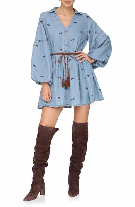 Avec Les Filles Tie Waist Long Sleeve Chambray Babydoll Dress