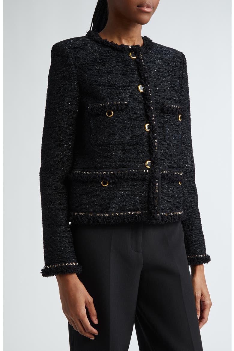 Sequin Chenille Tweed Jacket, Alternate, color, BLACK