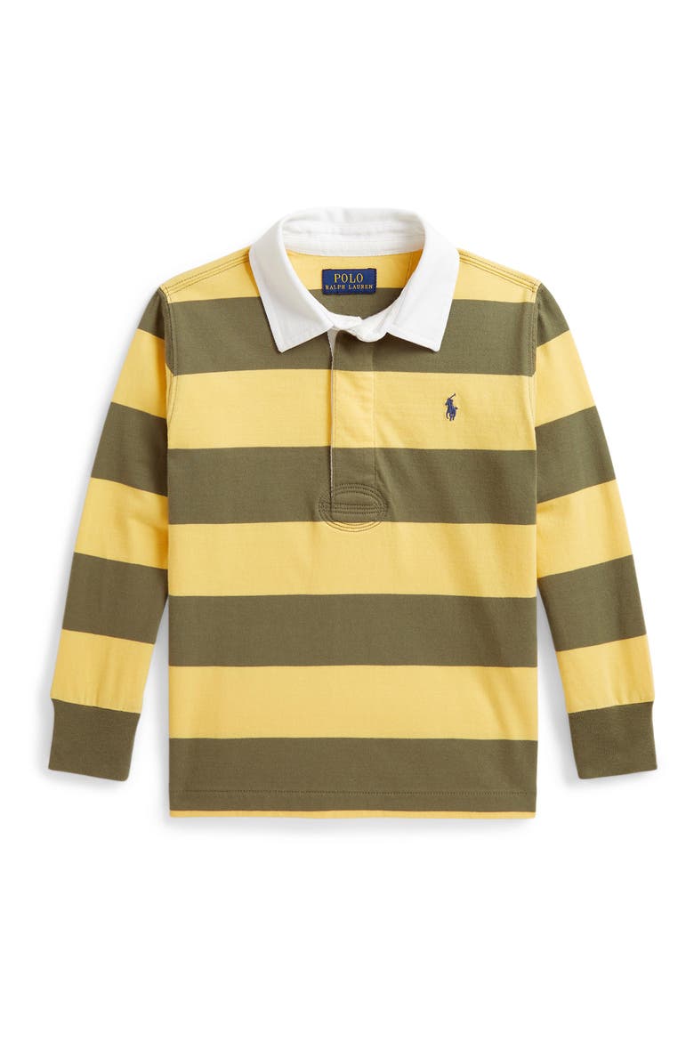 Kids' Striped Cotton Rugby Shirt, Main, color, BEACH YELLOW/ CRUISE OLIVE