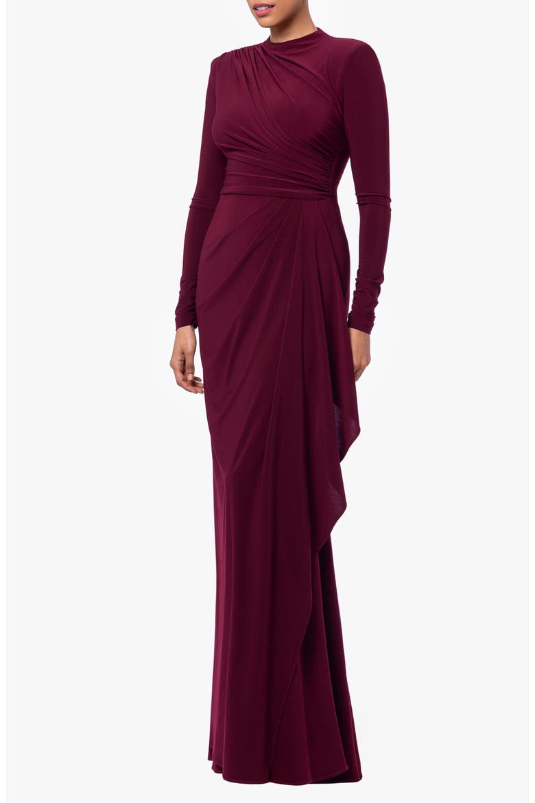 Ruffle Long Sleeve Sheath Gown, Alternate, color, WINE