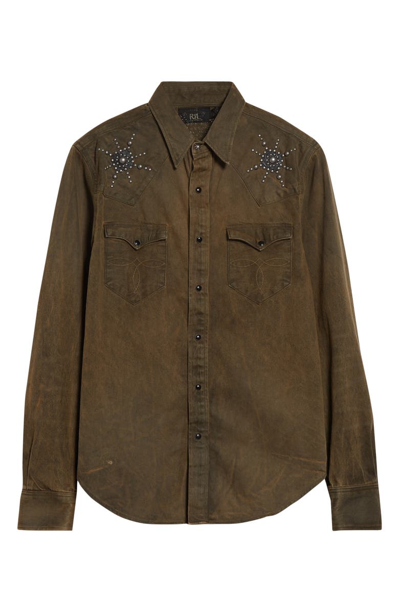 Double RL Buffalo West Slim Fit Studded Denim Western Snap-Up Shirt, Alternate, color, Distressed Brown Wash