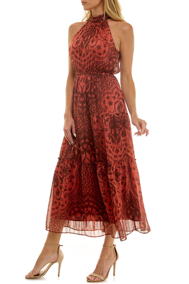 Printed Mock Neck Chiffon Maxi Dress, Alternate, color, BROWN/ BRICK
