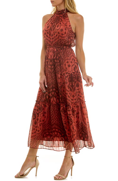 Socialite Printed Mock Neck Chiffon Maxi Dress In Red