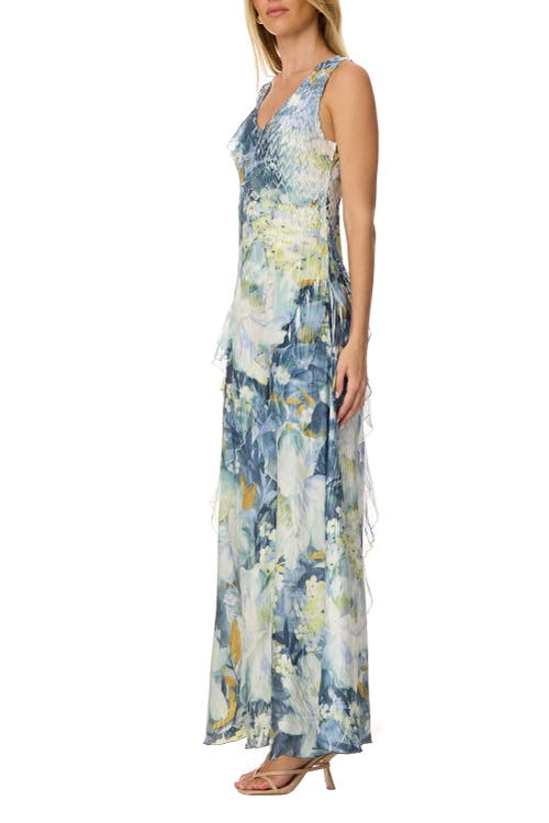 Komarov Abstract Floral Ruffle Long Dress In Green