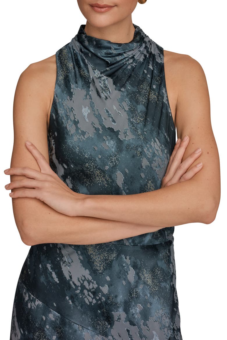 Print Sleeveless Mock Neck Maxi Dress, Alternate, color, BLUE COMBO/ GOLD FOIL