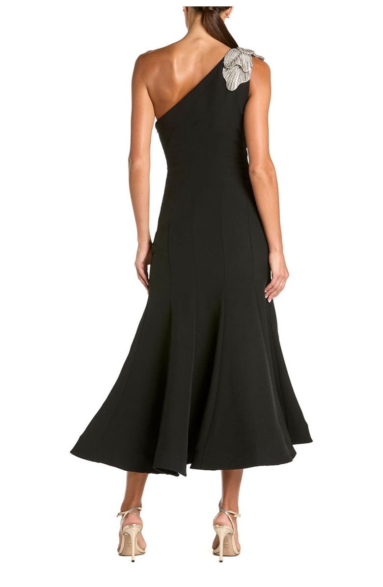 Mac Duggal Sleeveless Crepe One Shoulder Mermaid Midi Dress With Flower, Alternate, color, Black