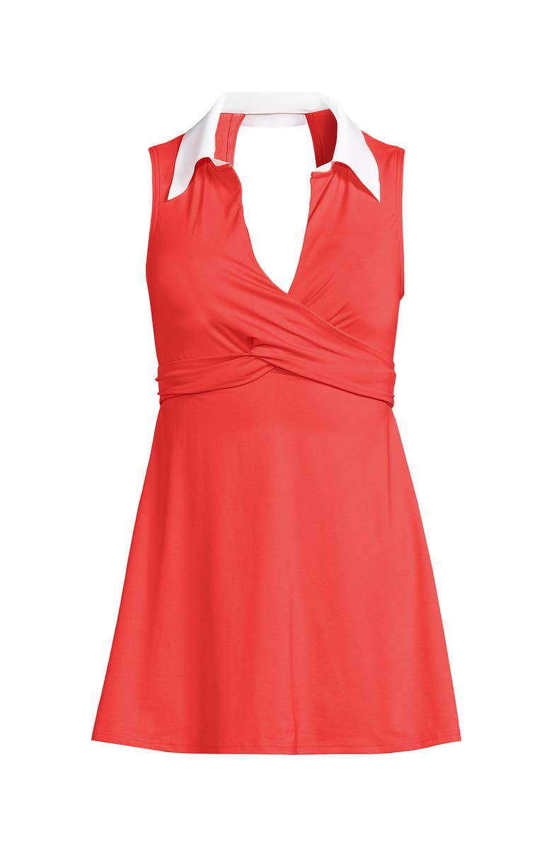 Lands' End Plus Size Polo Collar Tie Front Swim Dress Swimsuit, Alternate, color, Coral Bliss/White