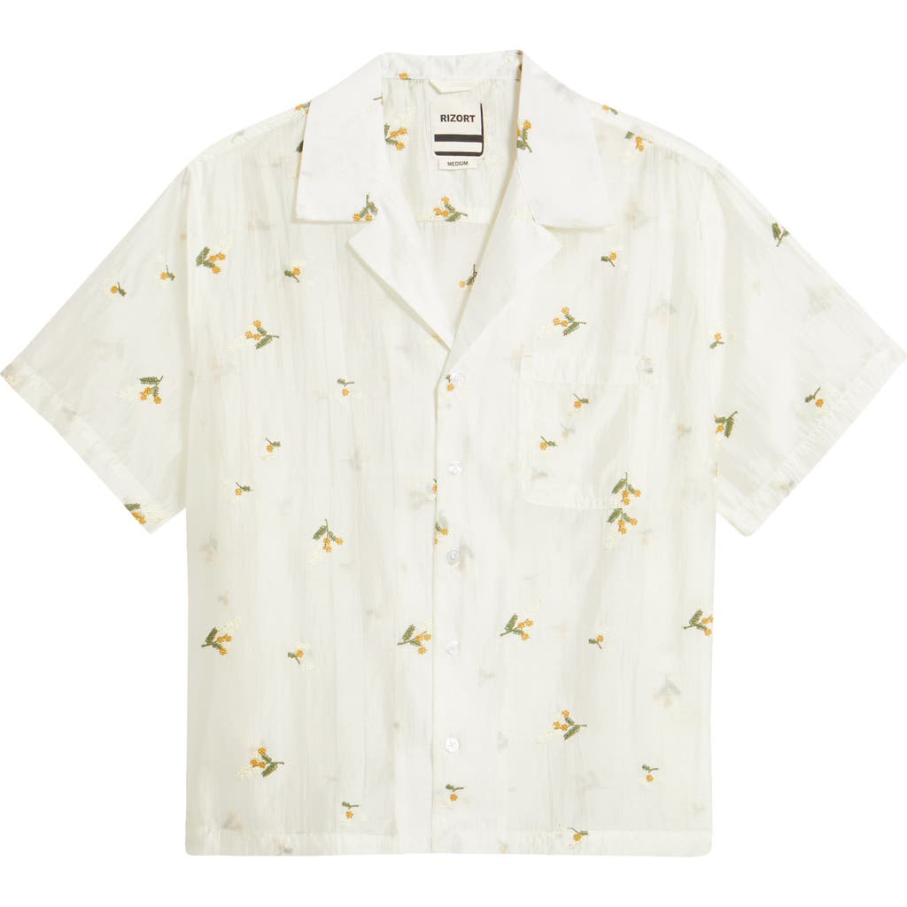 Rizort Madison Floral Cotton & Lyocell Plissé Camp Shirt In White