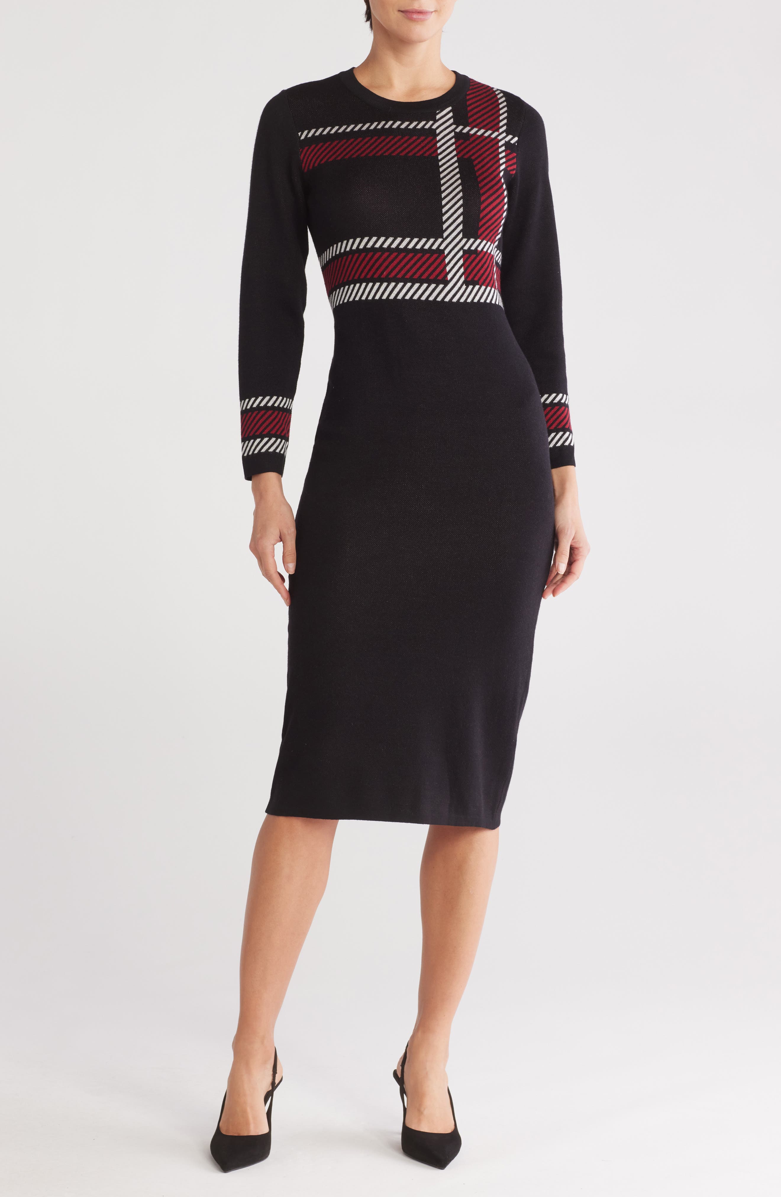 SANDRA DARREN Plaid Long Sleeve Body-Con Sweater Dress