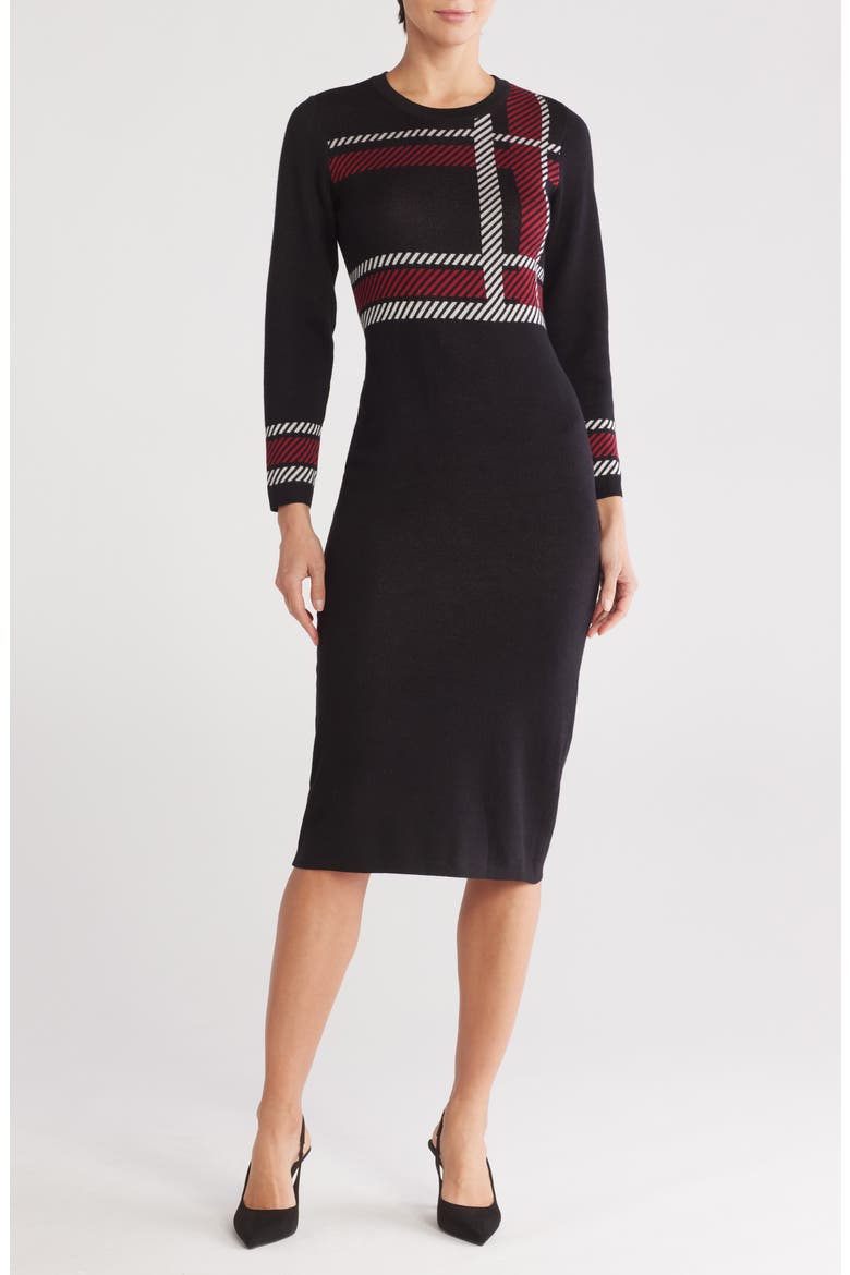 Plaid Long Sleeve Body-Con Sweater Dress, Main, color, RED/ WHITE/ BLACK