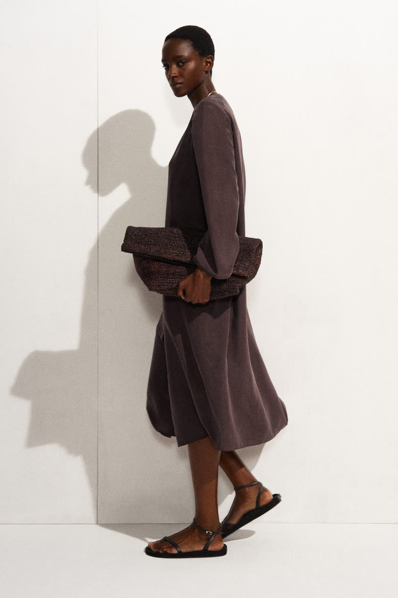 Gathered Silk Midi Dress, Alternate, color, BROWN