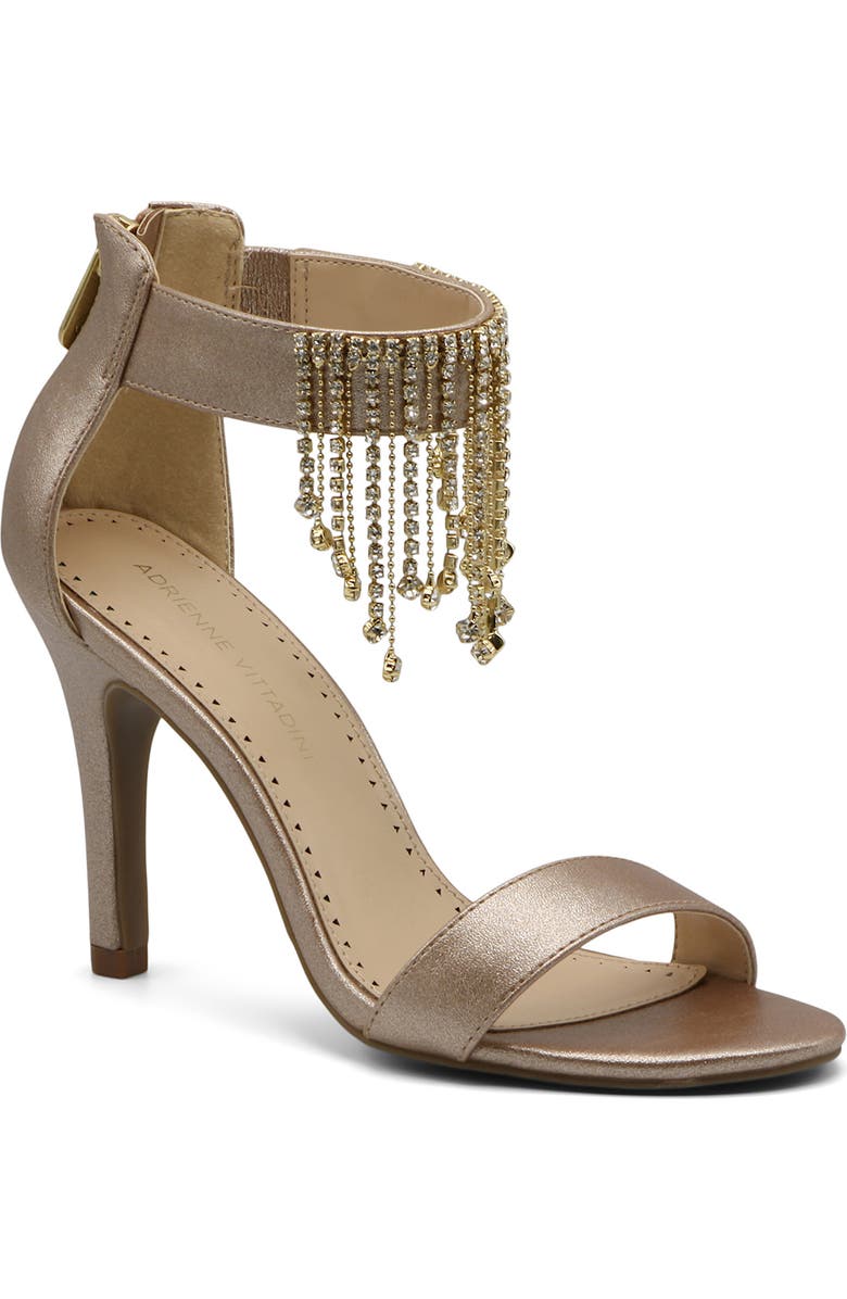 Adrienne Vittadini Gala Metallic Crystal Fringe Stiletto Sandal, Main, color,