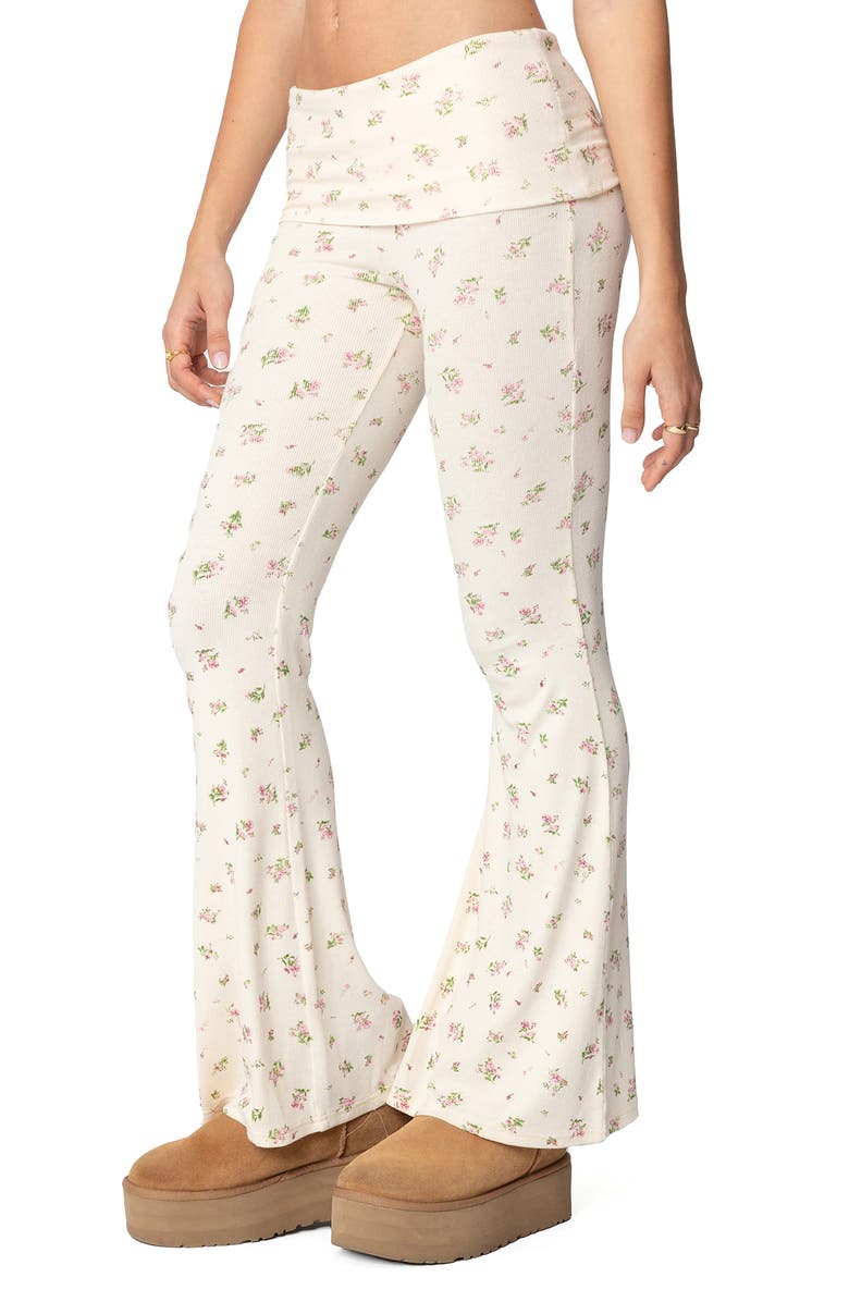 EDIKTED Bloom Baby Floral Foldover Waist Rib Pants, Alternate, color, Cream