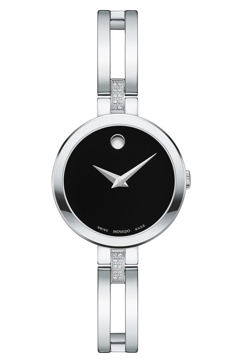 Esperanza Diamond Bangle Watch, 25mm, Main, color, SILVER/ BLACK/ SILVER