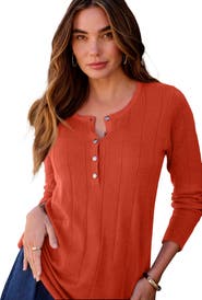 Roaman's Plus Size Drop Needle Henley Lightweight Sweater Knit