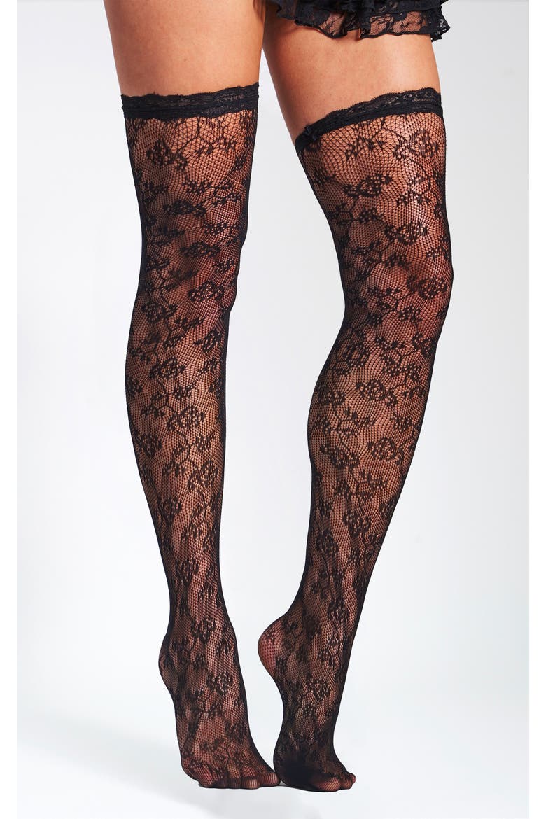 Lace Floral Print Thigh High Stockings, Main, color, Black