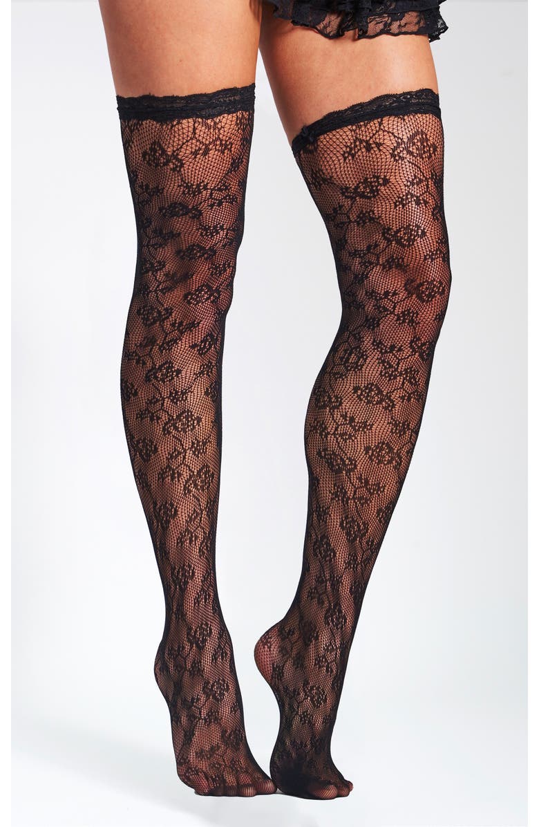 Miss Circle Lace Floral Print Thigh High Stockings, Main, color, Black