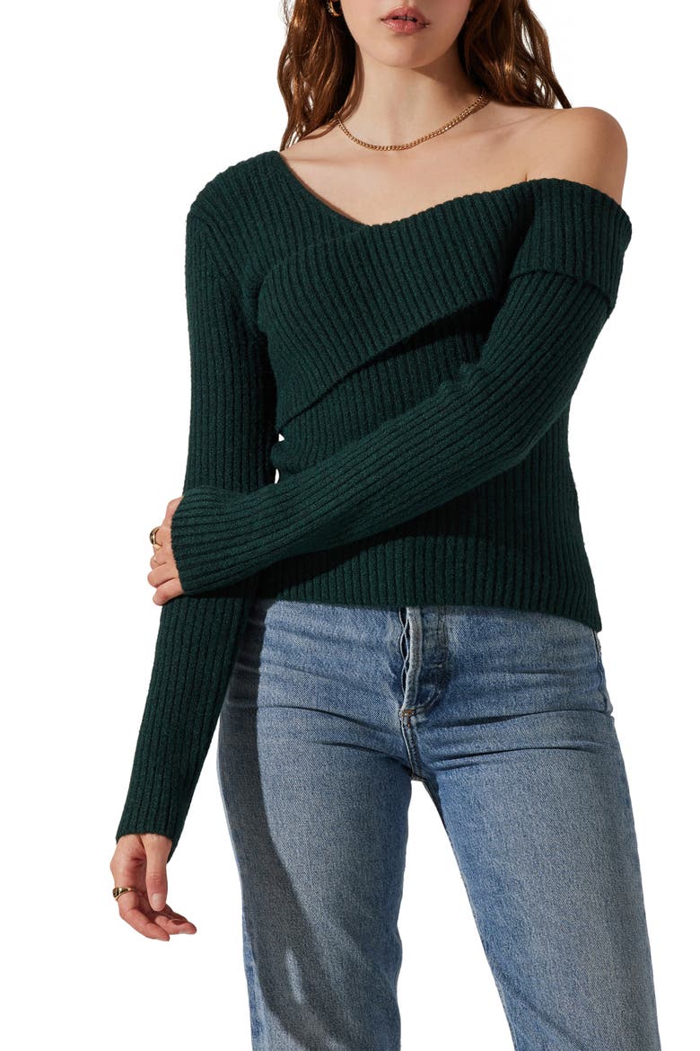 Asymmetric Foldover One-Shoulder Rib Sweater, Main, color, DEEP GREEN