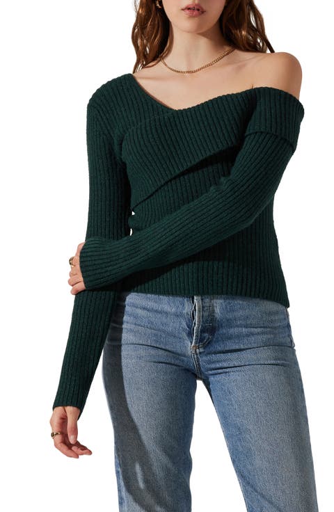 Asymmetric Foldover One-Shoulder Rib Sweater