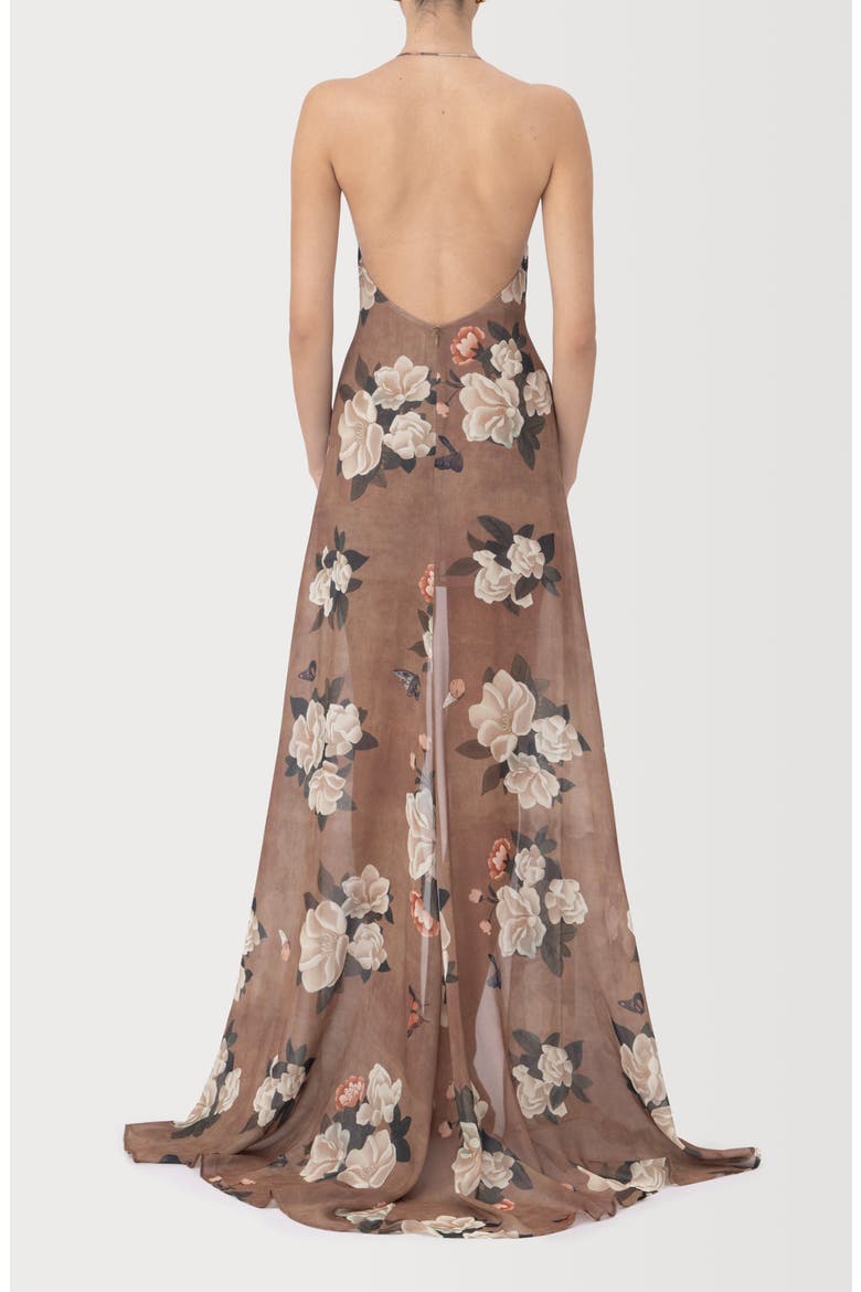 Cairo Floral Plunge Halter Neck Gown, Alternate, color, DESERT TAUPE