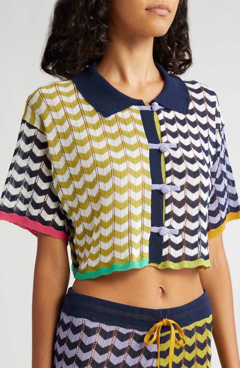 YanYan Tong Short Sleeve Chevron Stripe Pointelle Stitch Cardigan, Alternate, color, 