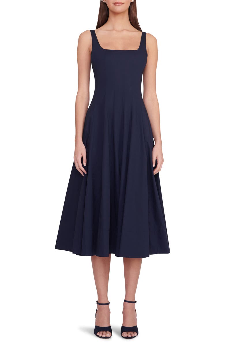 STAUD Wells Stretch Cotton Poplin Midi Fit & Flare Dress, Main, color, Navy