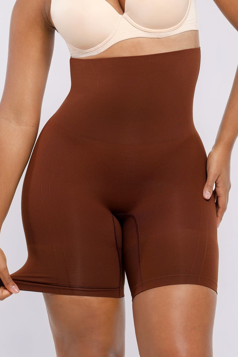 Everyday High Waist Shaping Shorts, Alternate, color, Brown