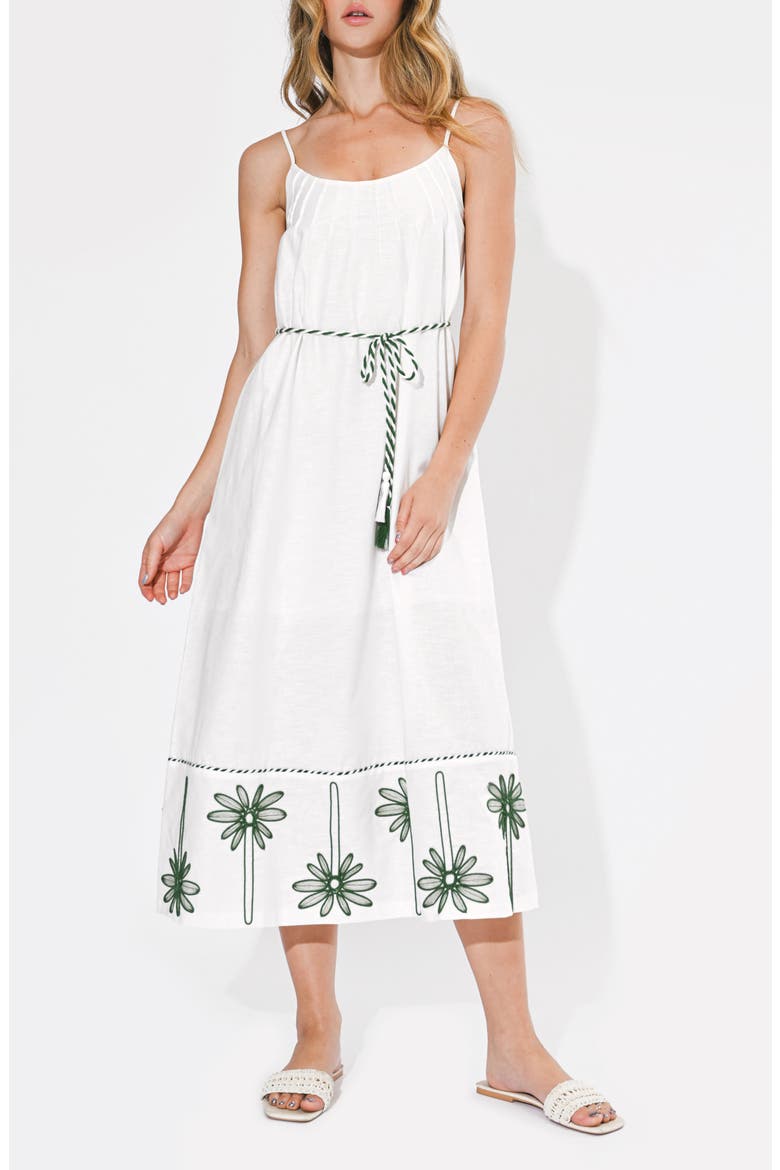 Sophia Palm Tree Embroidered Belted Maxi Dress, Alternate, color, WHITE/ GREEN