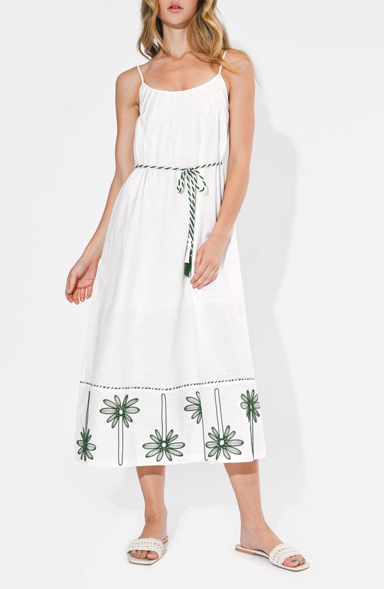 Adelyn Rae Sophia Palm Tree Embroidered Belted Maxi Dress, Alternate, color, White/ Green