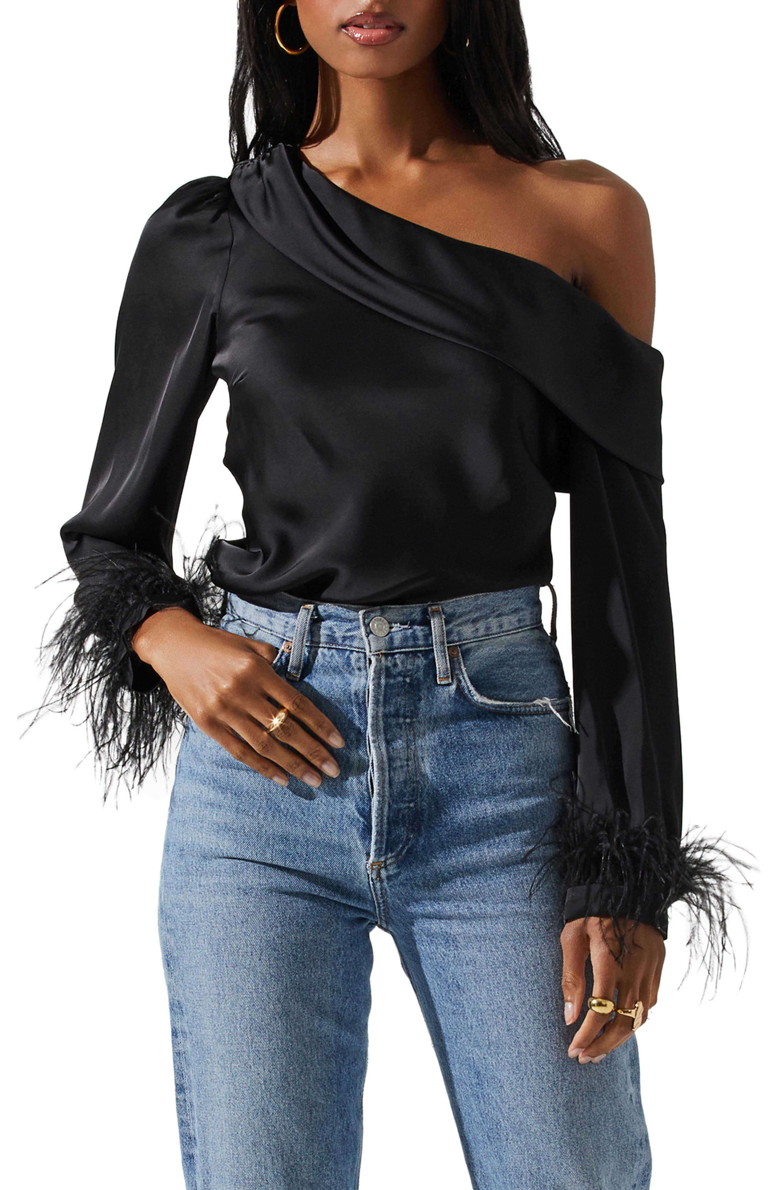 ASTR the Label Dawn One Shoulder Feather Trim Blouse (Women ...