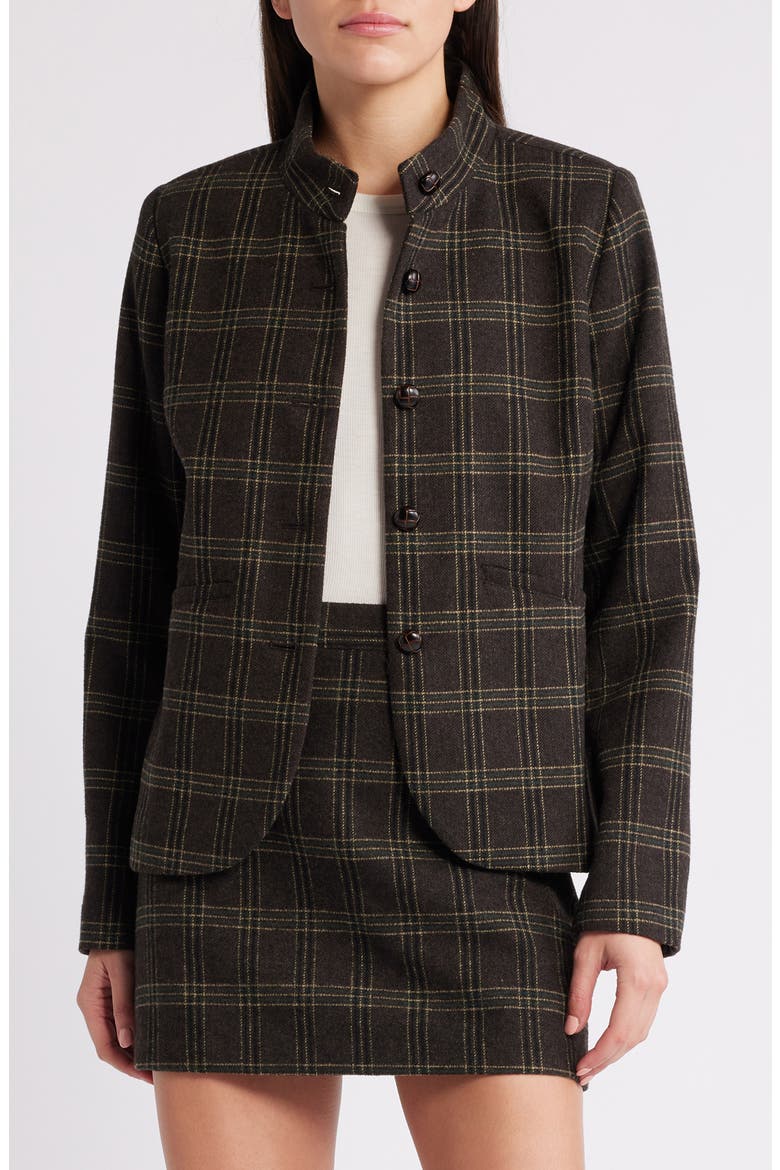 Plaid Stand Collar Blazer, Main, color, BROWN- BLACK PLAID