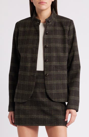 Treasure & Bond Plaid Stand Collar Blazer In Brown