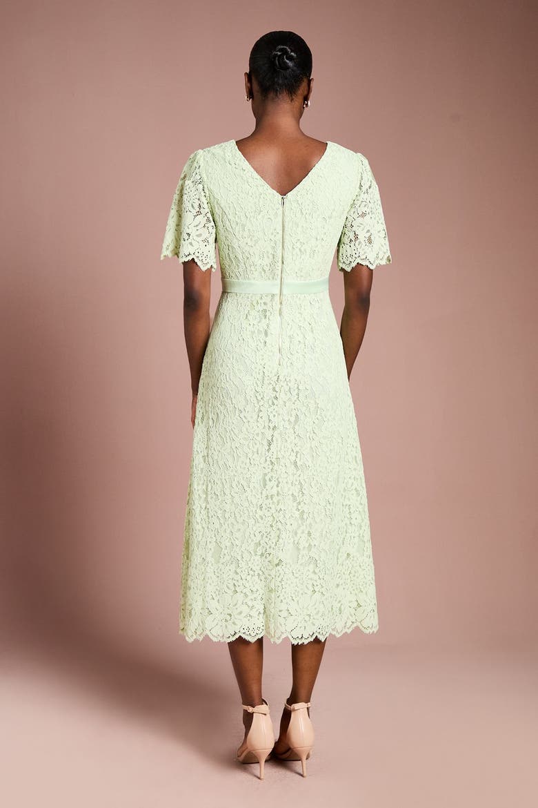 Scallop Hem V-Neck Lace Midi Dress, Alternate, color, Sage