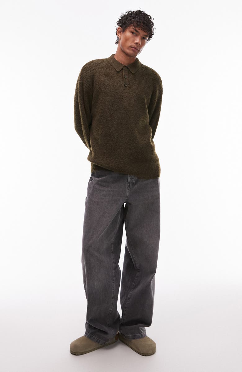 Topman Oversize Long Sleeve Sweater Polo, Alternate, color, Khaki